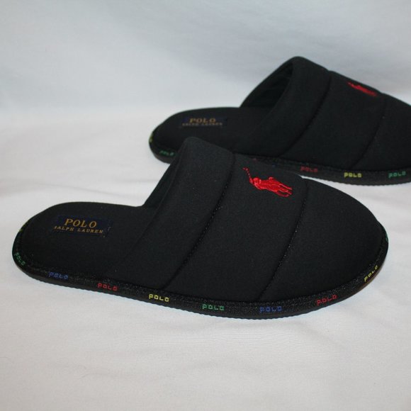 NIB MEN'S POLO RALPH LAUREN SCUFF BLACK SLIP‎ ON SLIPPERS - Picture 1 of 6